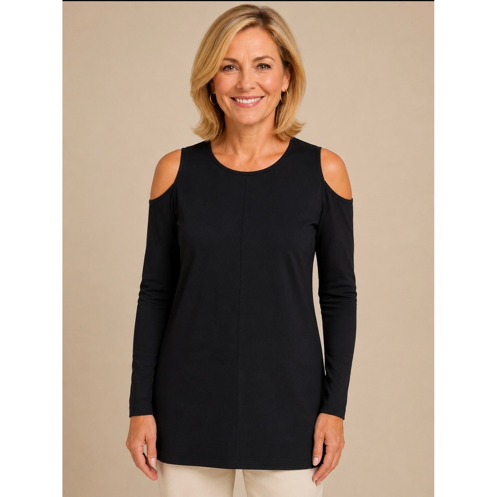 Easywear by Chicos Black Cold Shoulder Long Sleeve Tunic Top Size 1 Medium